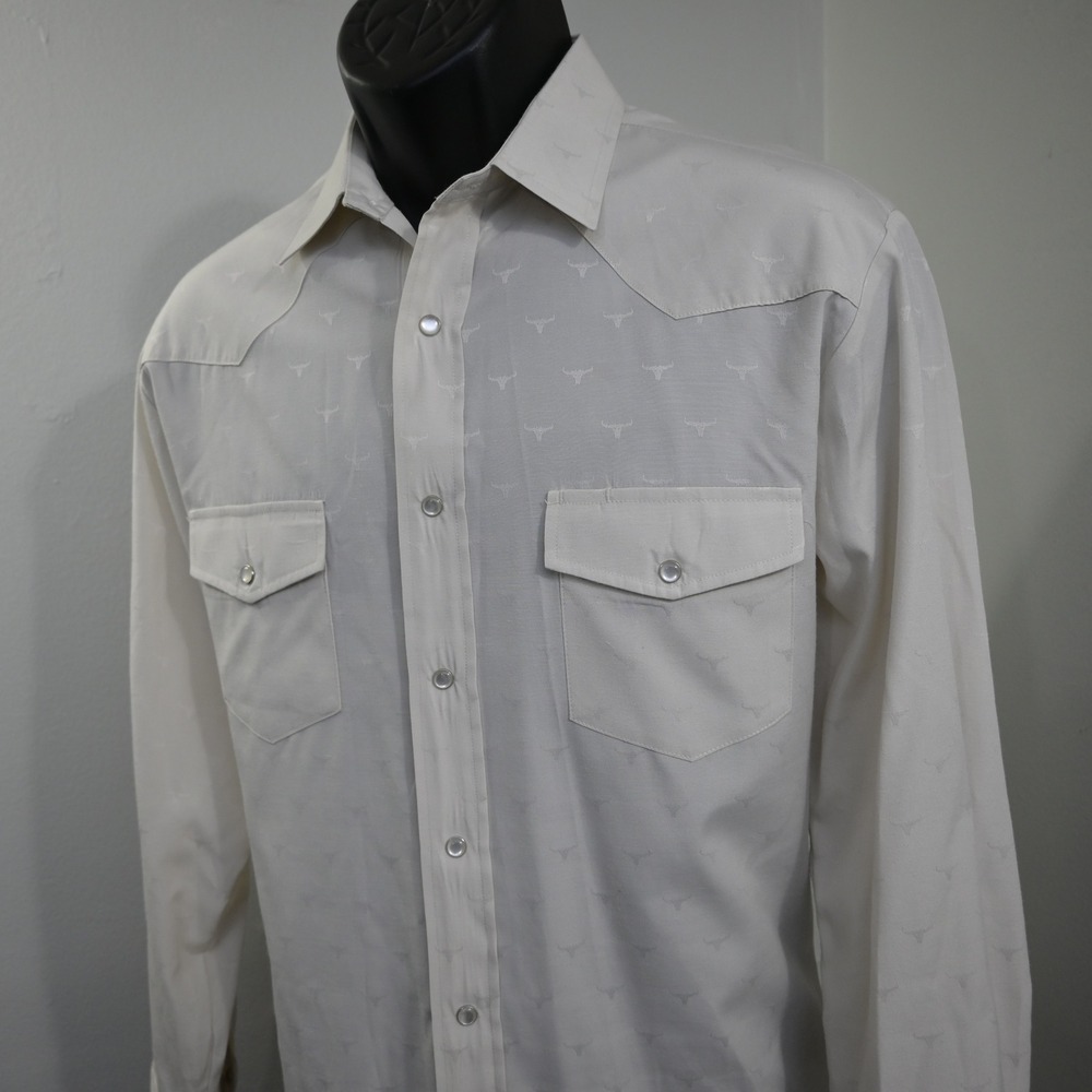 Roper Western Pearl Snap Western Shirt Mens M Cream Longhorn Steer Long Sleeve